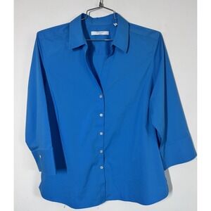 Foxcroft Non Iron Button Up 3/4‎ Sleeve Blouse Top Blue Size 18 Fitted Stretchy